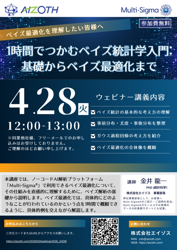 〖ウェビナー〗1時間でつかむベイズ統計学入門：基礎からベイズ最適化まで（4月28日（火）開催）